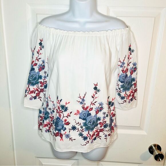 Drew Off the Shoulder Floral Pink and Blue Embroidered Top Ivory White S - Picture 5 of 13